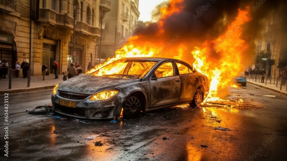 Burning automobile in the middle of European street