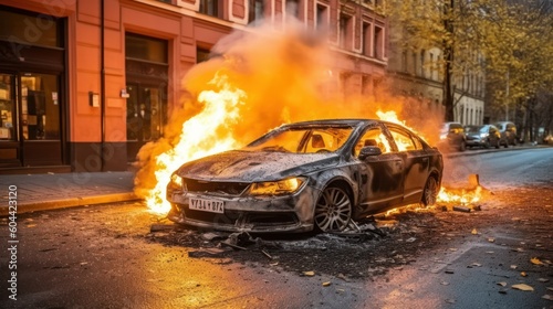Burning automobile in the middle of European street