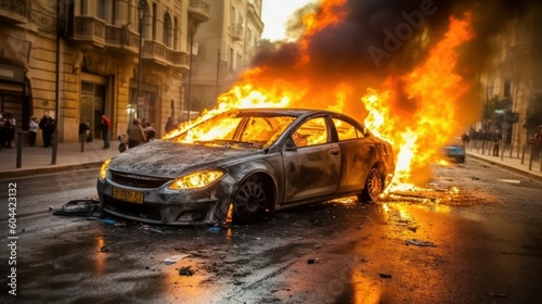 Burning automobile in the middle of European street