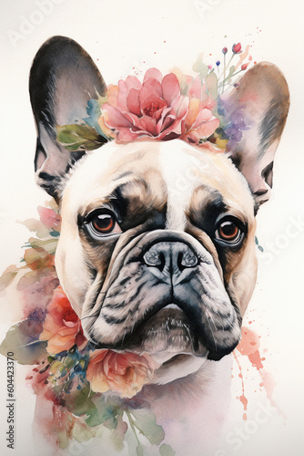 Fawn French Bulldog dog with flowers on head. Watercolor style painting. Generative AI illustration