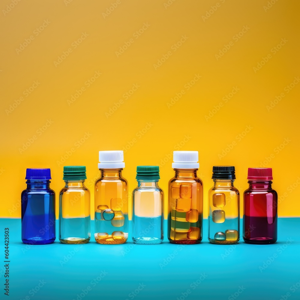 Abstract pharmaceutical concept: different colorful pills and bottles 