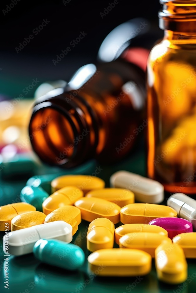 Abstract pharmaceutical concept: different colorful pills and bottles Abstract pharmaceutical concept: different colorful pills and bottles