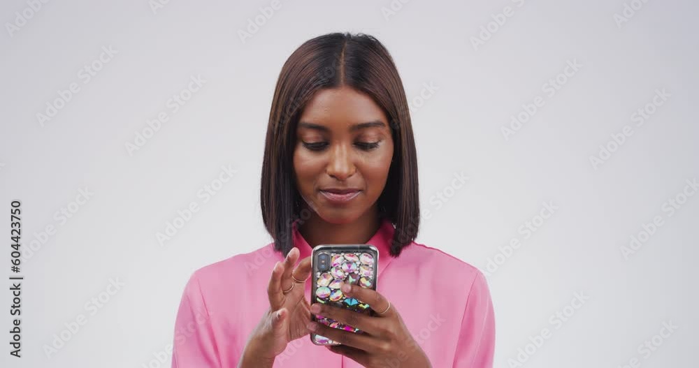 Phone, happy and woman scroll in studio isolated on a white background mockup space. Cellphone, mobile and Indian female person on social media, networking or website, internet app and online email. Phone, happy and woman scroll in studio isolated on a white background mockup space. Cellphone, mobile and Indian female person on social media, networking or website, internet app and online email.