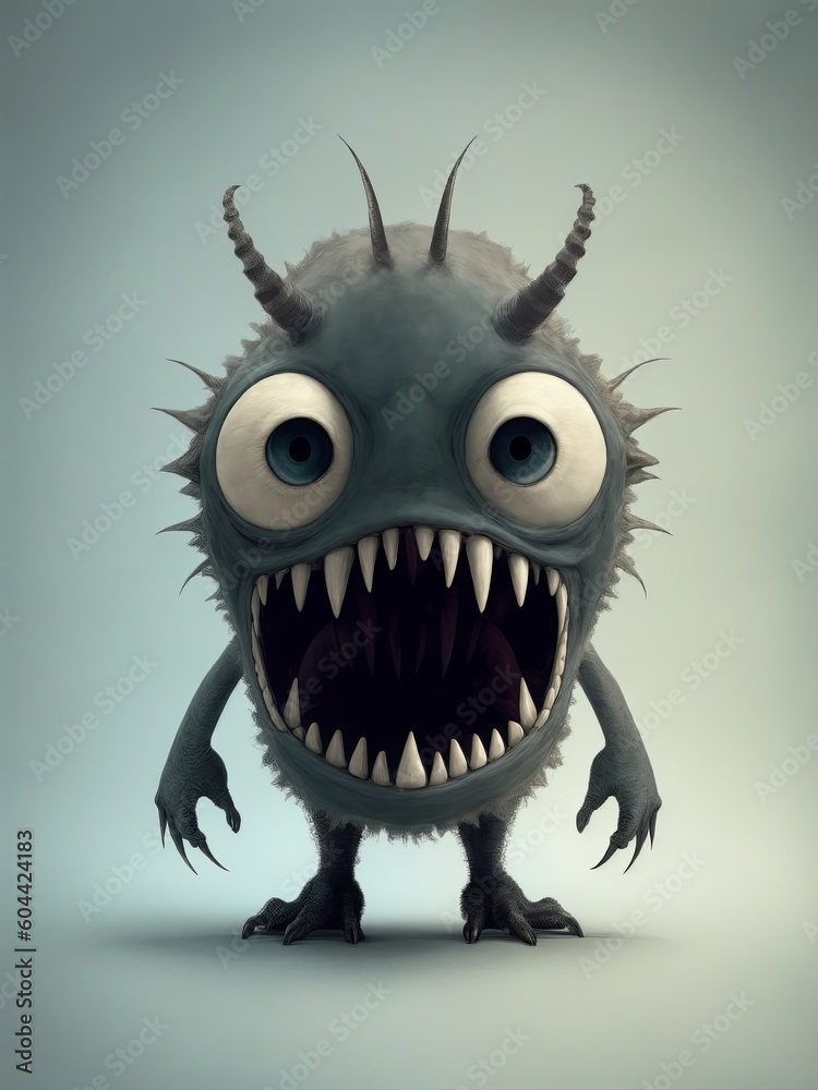 Cute fluffy monster. Blue cute fluffy monster 3D character with big round eyes, huge teeth and lots of horns, long scary arms and big clawed feet, Generative AI