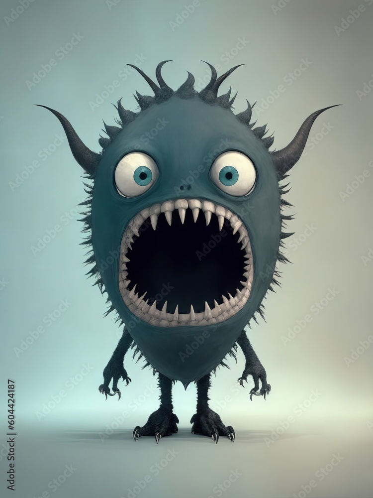 Cute fluffy monster. Blue cute fluffy monster 3D character with big ...