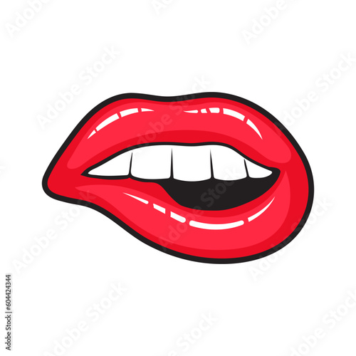 Lip Biting Girl Red Sticker Isolated Vector Illustration