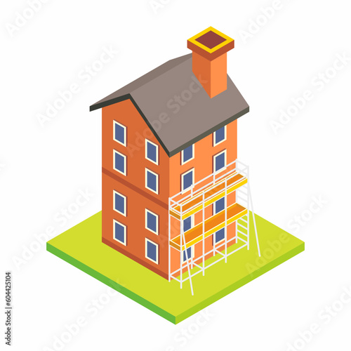 Isometric two level house vector illustration with scaffolding installation for repair work.