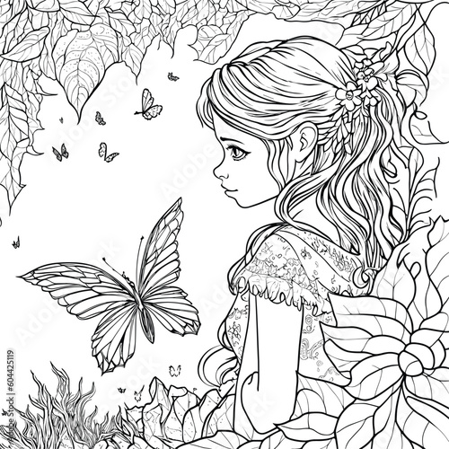fantasy coloring page for adults anti stress with beautiful fairy with black and white background