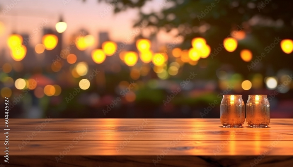 Charming Wooden Table Set up Amidst the Ambience of a Summer Sunset at the Restaurant, generative AI