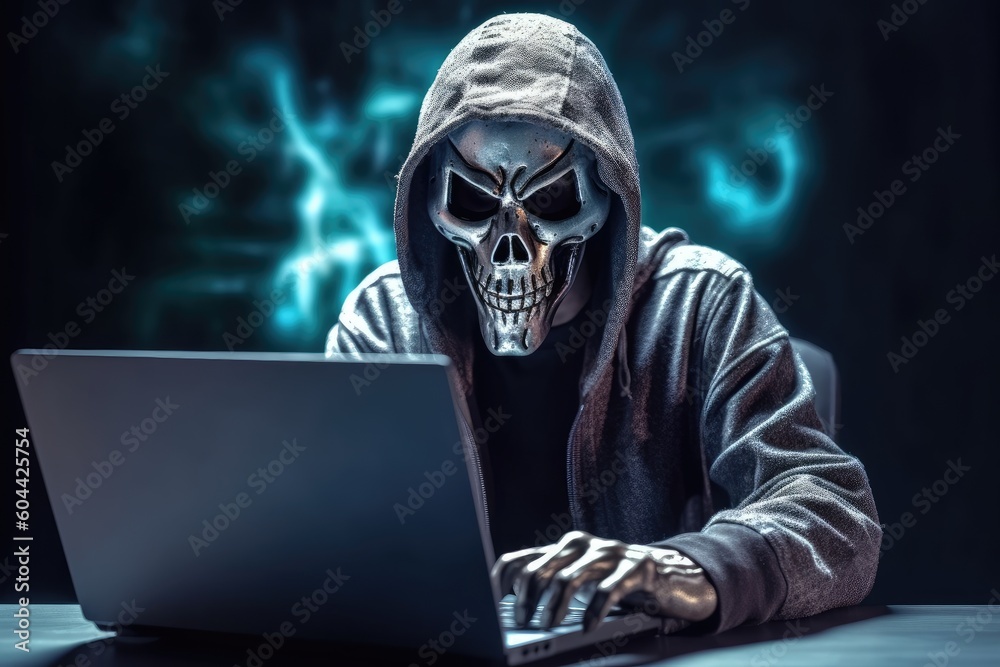 hacker stealing data . Anonymous robot hacker with skull mask typing computer laptop. Concept of hacking cybersecurity, cybercrime, cyberattack hacker stealing data . Anonymous robot hacker with skull mask typing computer laptop. Concept of hacking cybersecurity, cybercrime, cyberattack