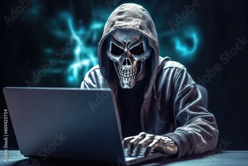 hacker stealing data . Anonymous robot hacker with skull mask typing computer laptop. Concept of hacking cybersecurity, cybercrime, cyberattack 