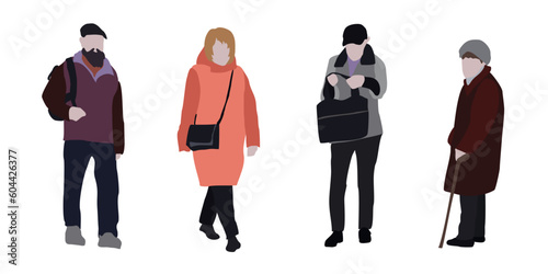 Set of drawings of people on the street in spring clothes. 2D image for use as an entourage. Vector flat city infographics.