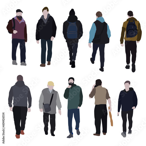 A man walks down the street in spring clothes. 2D image for use as an entourage. Vector flat city infographics.