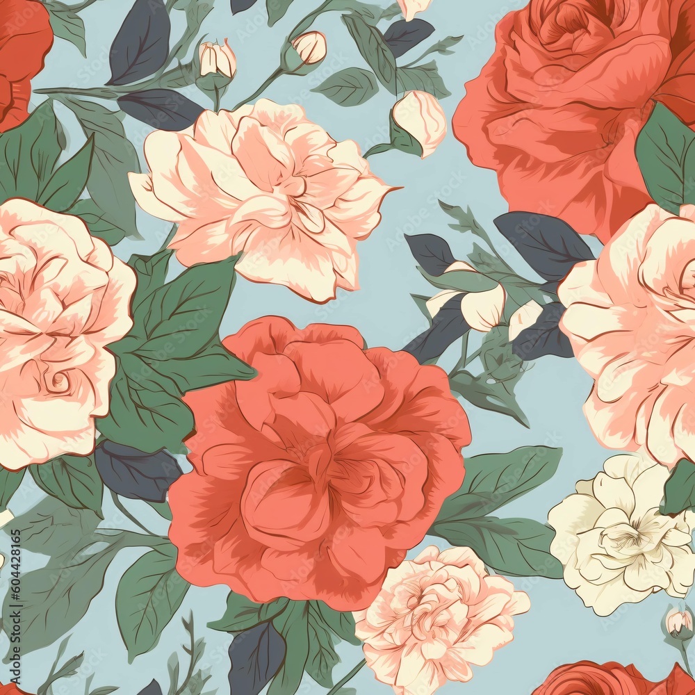 A floral pattern with red and white roses. Generative AI