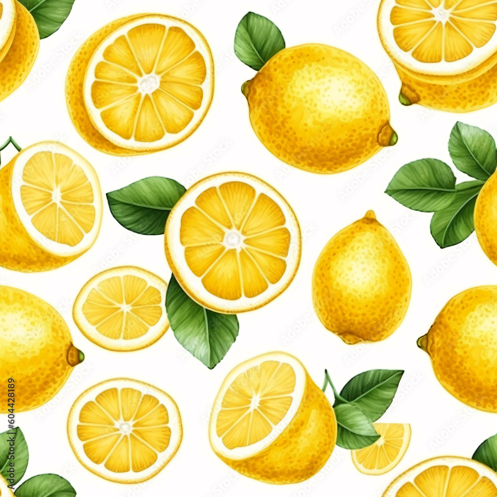 A seamless pattern of lemons with green leaves. Generative AI A seamless pattern of lemons with green leaves. Generative AI