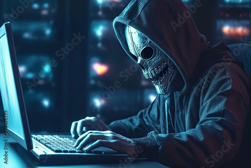 hacker stealing data . Anonymous robot hacker with skull mask typing computer laptop. Concept of hacking cybersecurity, cybercrime, cyberattack