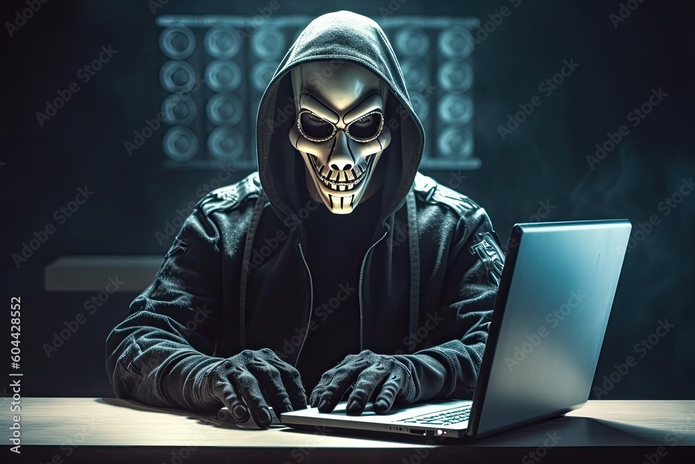 hacker stealing data . Anonymous robot hacker with skull mask typing computer laptop. Concept of hacking cybersecurity, cybercrime, cyberattack