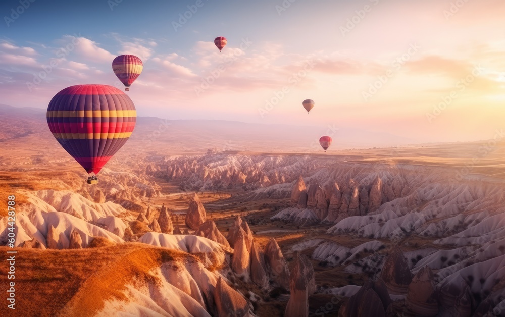 Ancient town of Uchisar castle at sunset Landscape Goreme national park, Cappadocia Turkey with many big balloons​ on sky, Generative AI