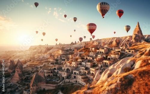 Ancient town of Uchisar castle at sunset Landscape Goreme national park, Cappadocia Turkey with many big balloons​ on sky, Generative AI