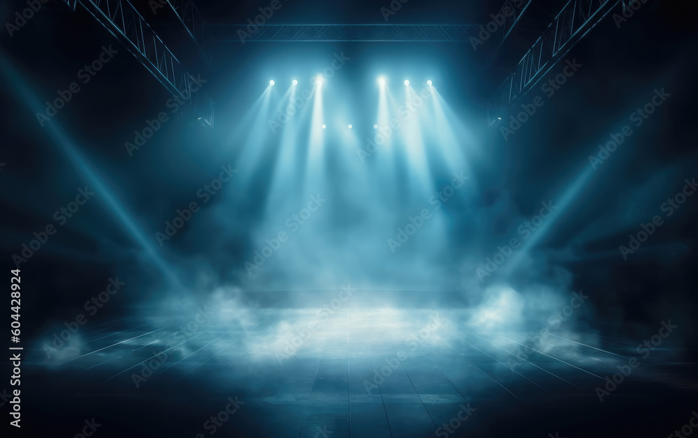 Illuminated stage with scenic lights and smoke. Blue vector spotlight with smoke volume light effect on black background. Stadium cloudiness projector, Generative AI - obrazy, fototapety, plakaty 