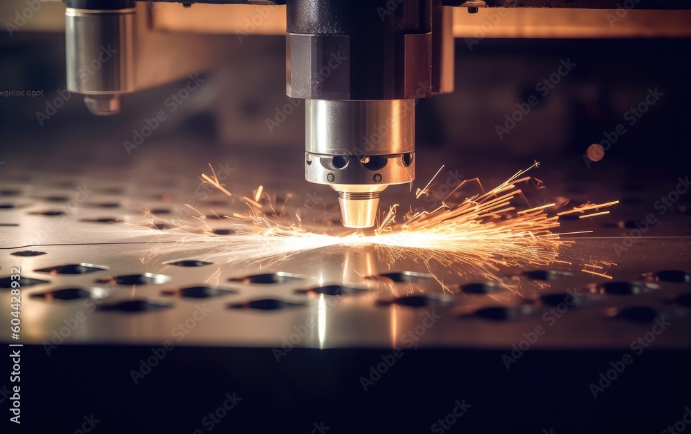 Modern technology industry background, Industrial Laser CNC cut of metal with light spark, Generative AI