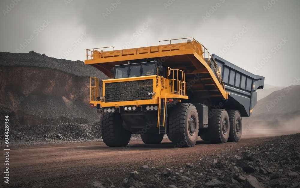Open pit mine industry, big yellow mining truck for coal anthracite, Generative AI