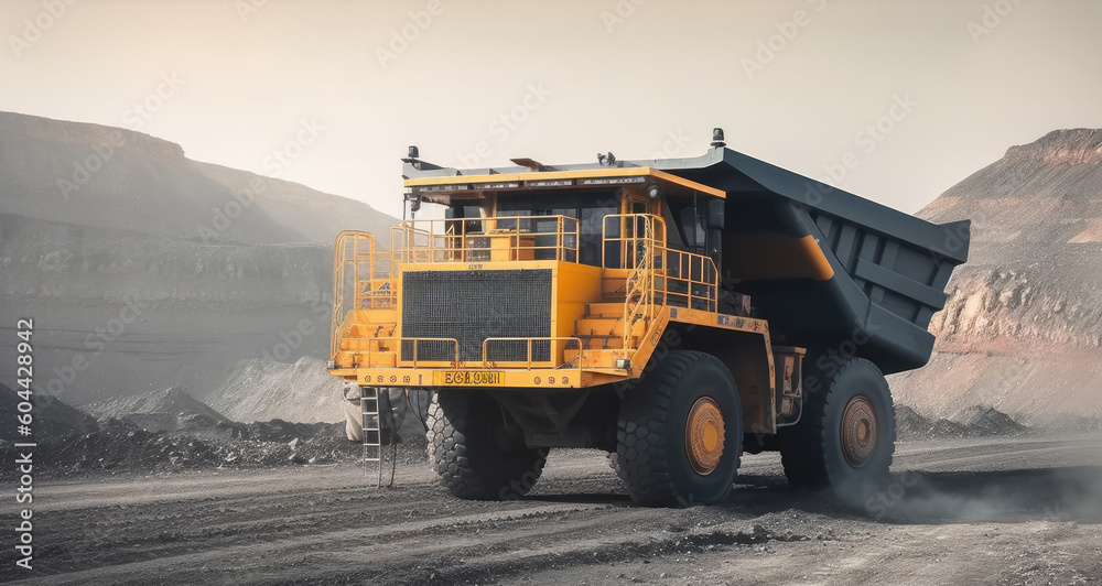 Open pit mine industry, big yellow mining truck for coal anthracite, Generative AI Open pit mine industry, big yellow mining truck for coal anthracite, Generative AI