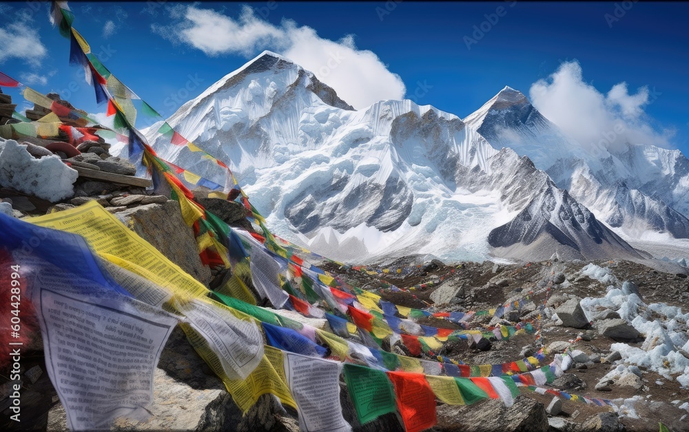 View of Mount Everest and Nuptse with buddhist prayer flags from kala patthar in Sagarmatha National Park in the Nepal Himalaya, Generative AI - obrazy, fototapety, plakaty 
