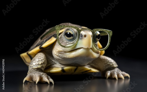 Cute little green turtle with glasses in front of studio background, Generative AI © amankris99