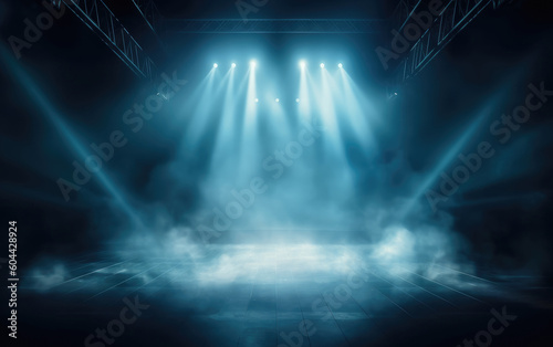 Billede på lærred Illuminated stage with scenic lights and smoke