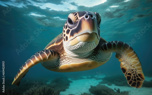 Portrait of a happy sea turtle swimming underwater  Generative AI