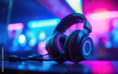 Professional headphones with microphone for video games and cyber sports gaming monitor in neon color blur background, Generative AI