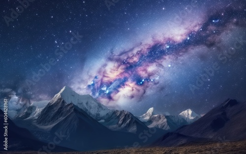 Space. Milky Way and mountains. Fantastic view with mountains and starry sky at night in Nepal. Mountain valley and sky with stars. Beautiful Himalayas, Generative AI