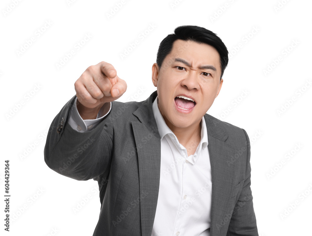 Angry businessman in suit screaming on white background