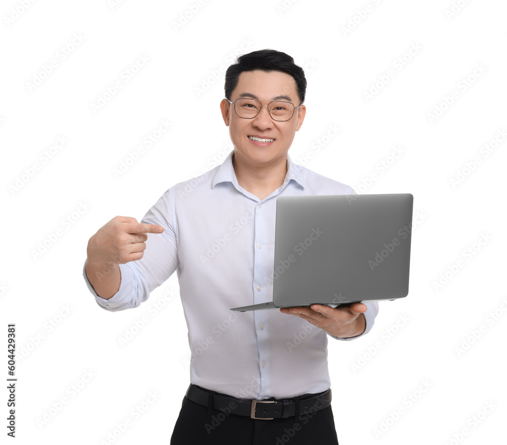 Businessman in formal clothes with laptop on white background Businessman in formal clothes with laptop on white background
