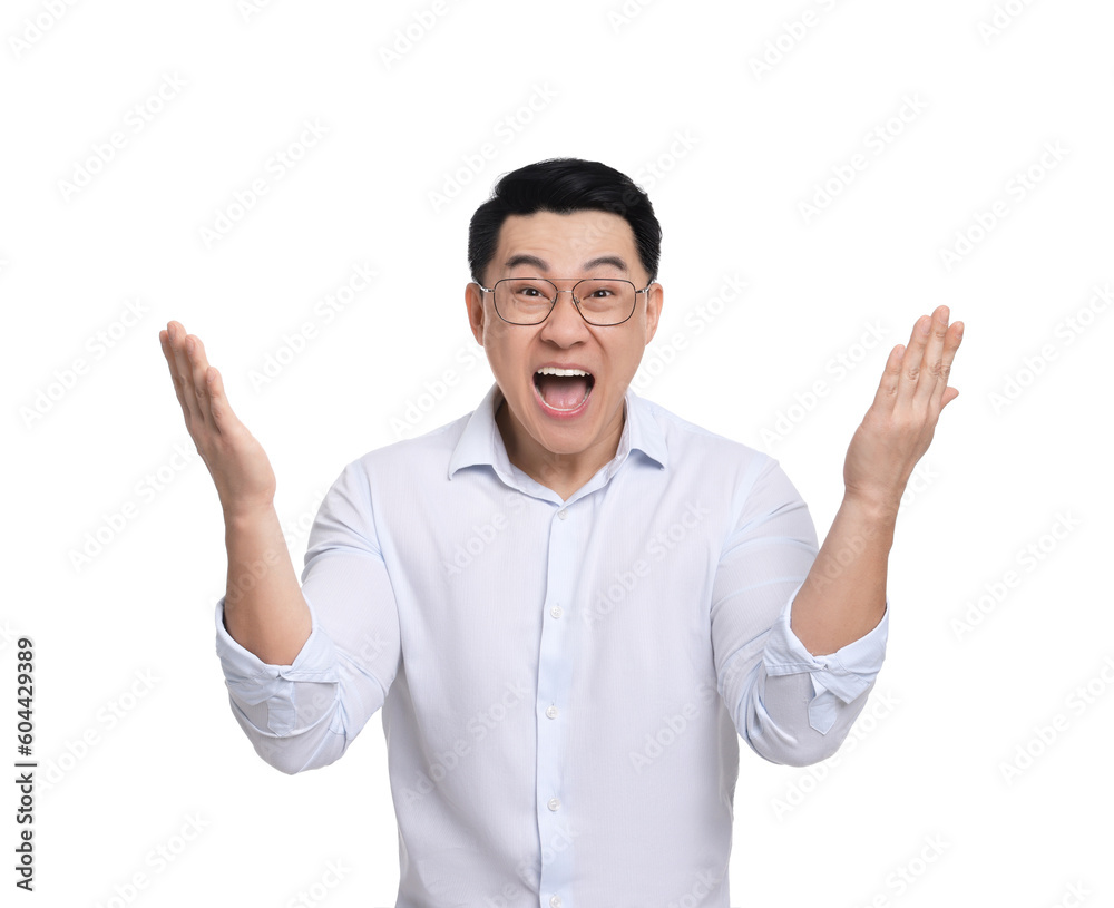 Emotional businessman in formal clothes posing on white background Emotional businessman in formal clothes posing on white background