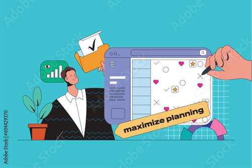 Planning web concept with character scene. Man plans meeting and events in calendar, schedules tasks and work deadlines. People situation in flat design. Vector illustration for marketing material.