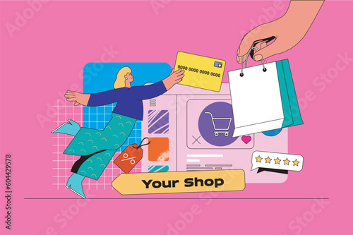 Shopping web concept with character scene. Woman making purchases and ordering goods, making online payment in credit card. People situation in flat design. Vector illustration for marketing material.