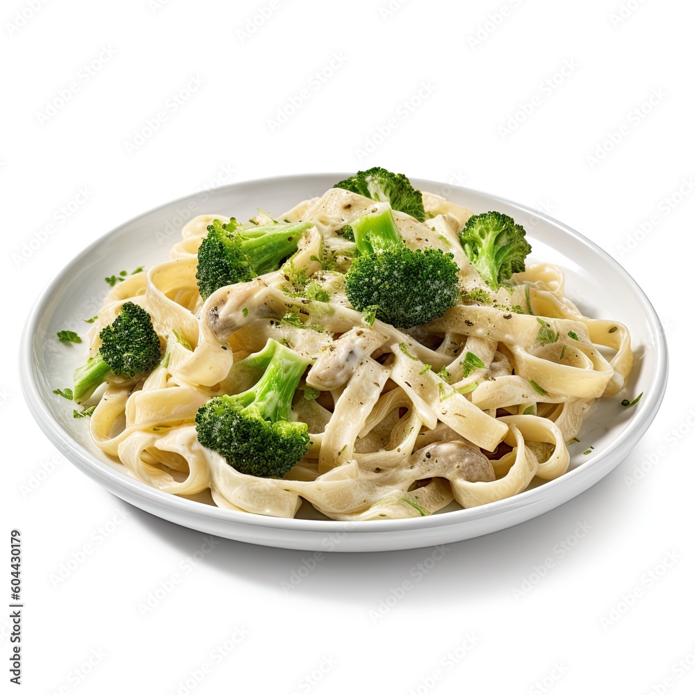 Delicious Plate of Chicken Fettuccine Alfredo with Broccoli on a White Background Generative AI Delicious Plate of Chicken Fettuccine Alfredo with Broccoli on a White Background Generative AI
