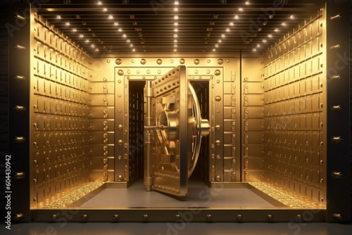 Inside the golden bank vault with open door. Vault for gold, currency, jewelry storage. Generative AI