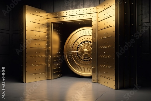 Inside the golden bank vault with open door. Vault for gold, currency, jewelry storage. Generative AI