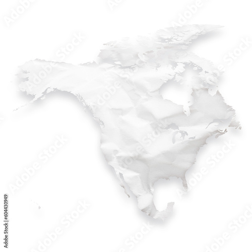 Map of the continent of North America as a crumpled paper cut-out isolated on transparent background