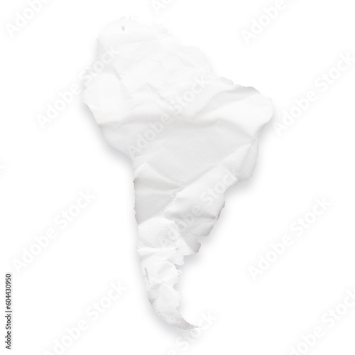 Map of the continent of South America as a crumpled paper cut-out isolated on transparent background