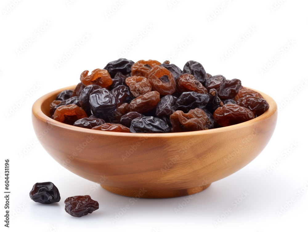 raisins in a wooden bowl isolated on white background raisins in a wooden bowl isolated on white background