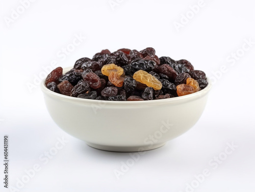 raisins in a wooden bowl isolated on white background 