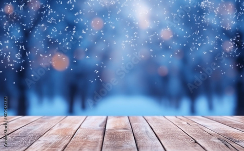 Winter Wonderland: Defocused snowy blue background with wooden flooring and falling snowflakes, generative AI