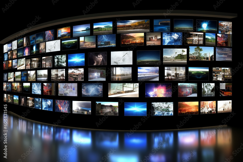 Smart TV and digital media wall of screens background with copy space. Generative AI Smart TV and digital media wall of screens background with copy space. Generative AI