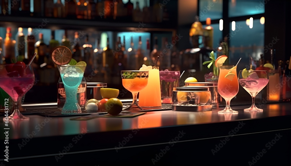 Cocktails, smothies, milkshakes & wine on a bar with cinematic lighting Cocktails, smothies, milkshakes & wine on a bar with cinematic lighting