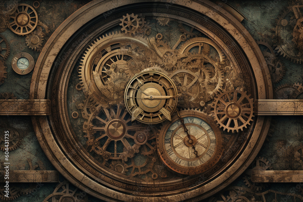 Steampunk style old and rusty gear wheels and clocks background with copy space. Generative AI