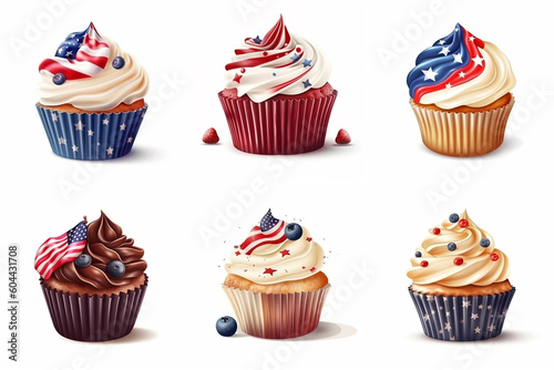 Set of American vanilla, chocolate, red velvet cupcakes in color USA flag on white background. Food for Patriotic Independence Day 4th of july. Generative AI.